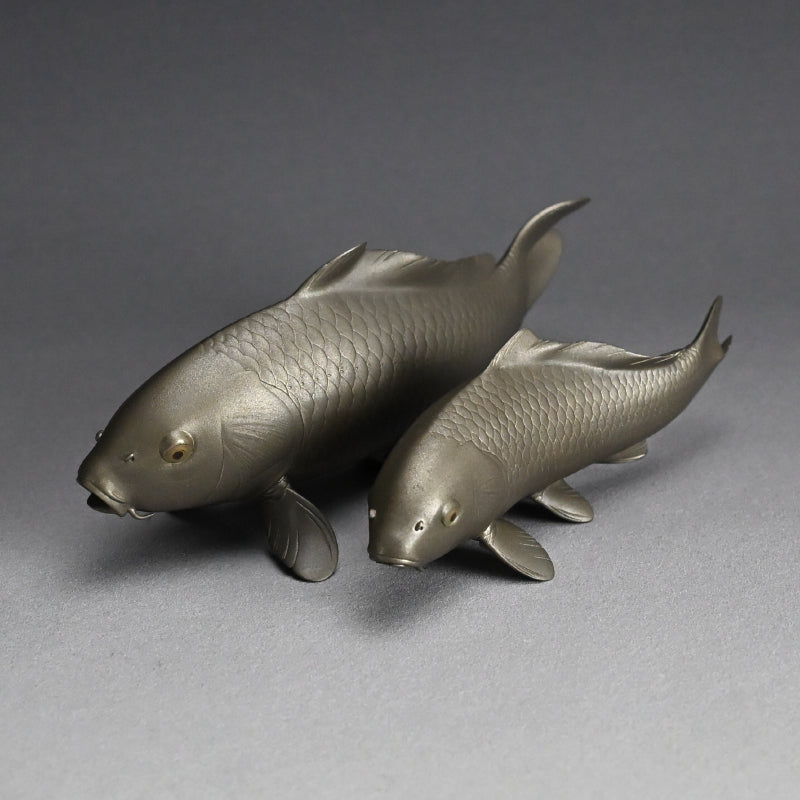 Signed & Silvered Pair Swimming Koi Okimono