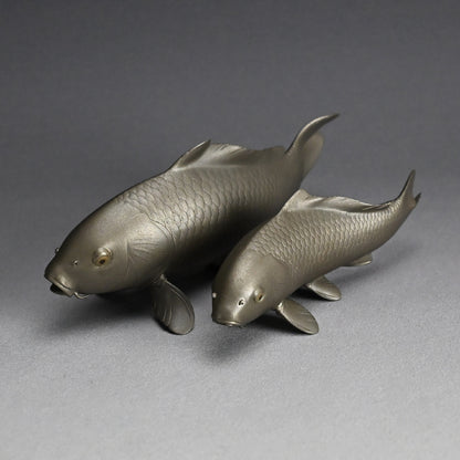 Signed & Silvered Pair Swimming Koi Okimono