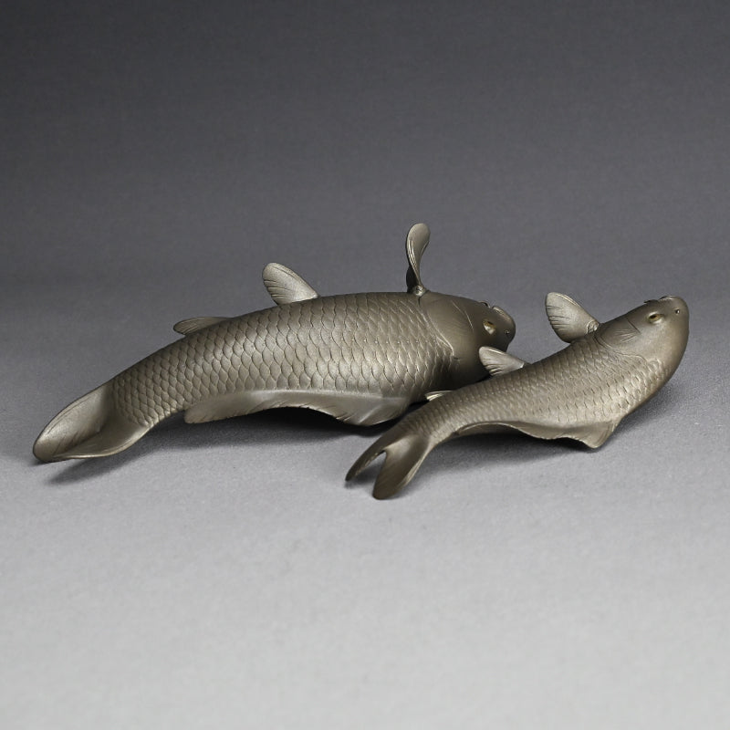 Signed & Silvered Pair Swimming Koi Okimono