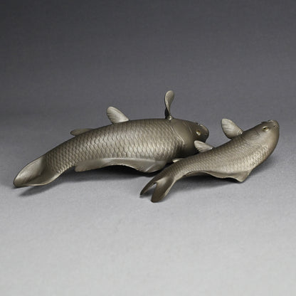 Signed & Silvered Pair Swimming Koi Okimono