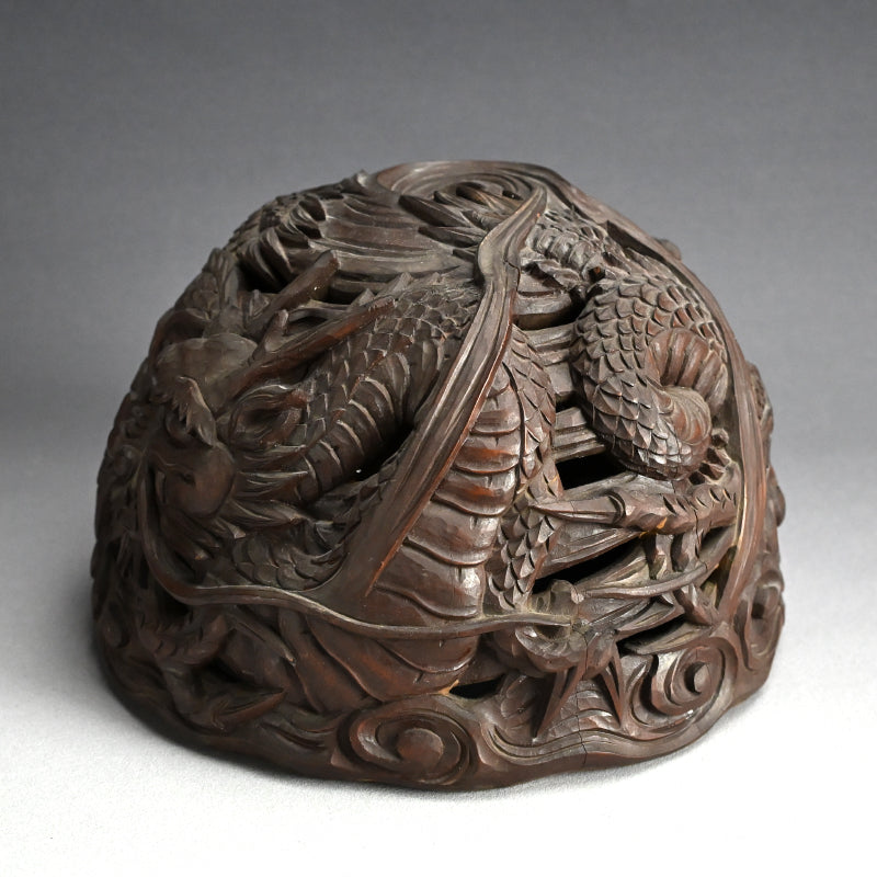 Meiji p. Japanese Carved Wood Vying-Dragon Lamp Shade