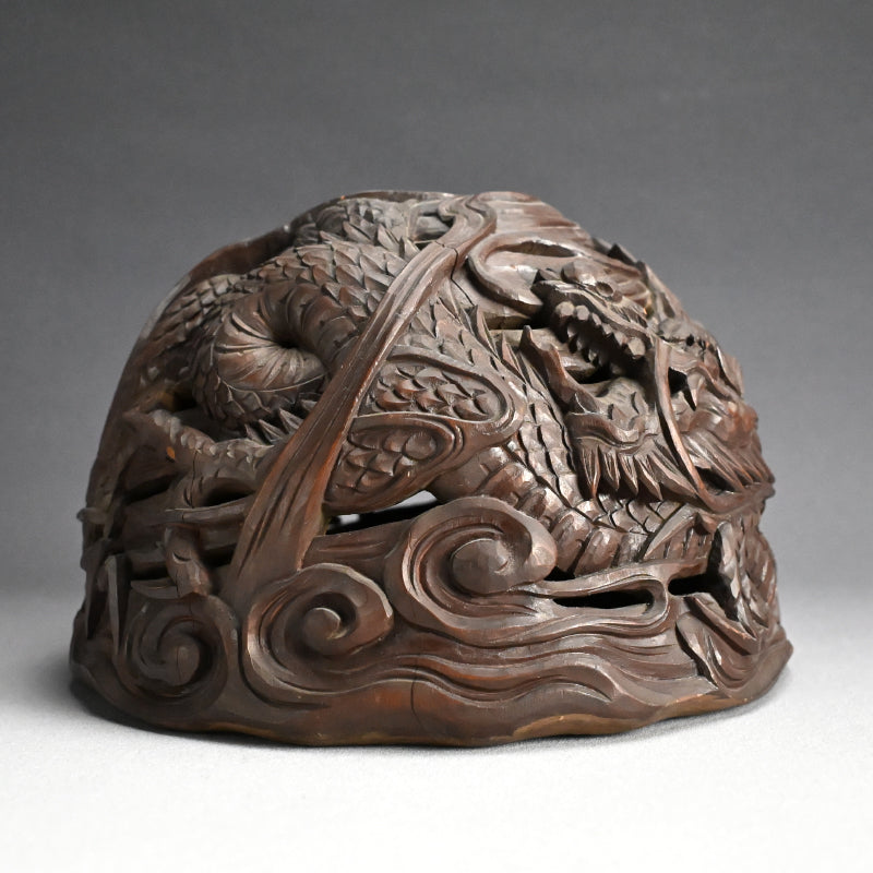 Meiji p. Japanese Carved Wood Vying-Dragon Lamp Shade