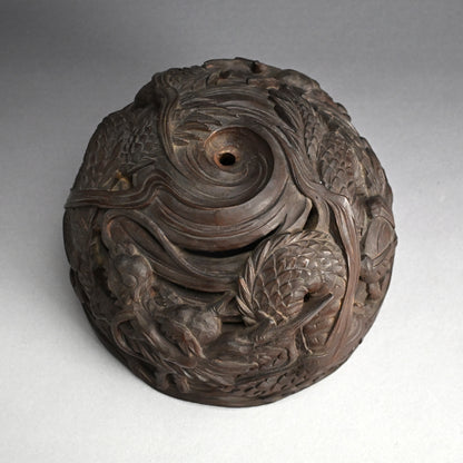 Meiji p. Japanese Carved Wood Vying-Dragon Lamp Shade