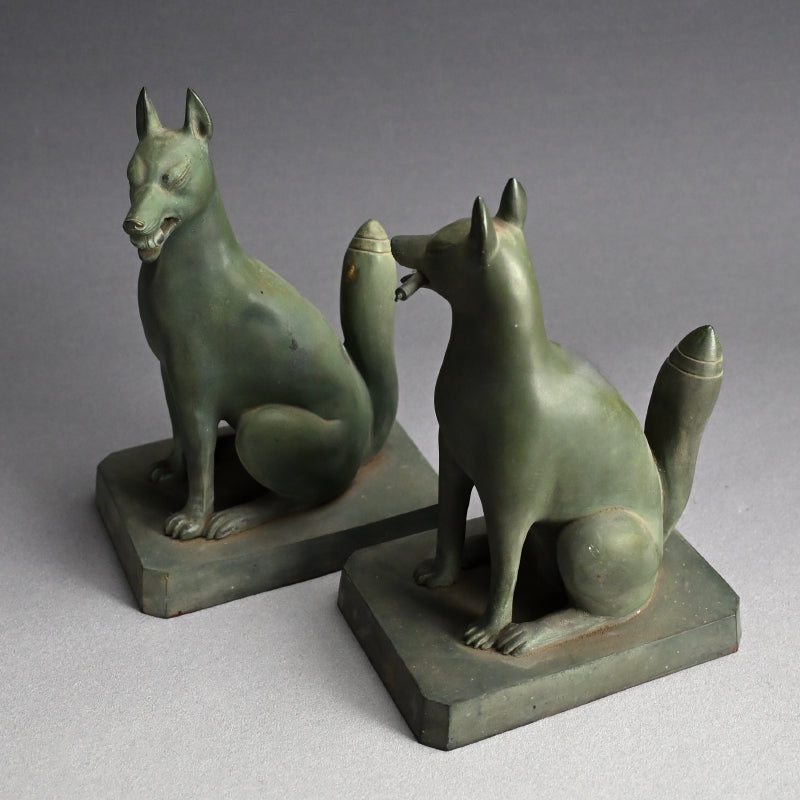 A pair of Bronze Kitsune, Sacred Inari Shinto Shrine Foxes