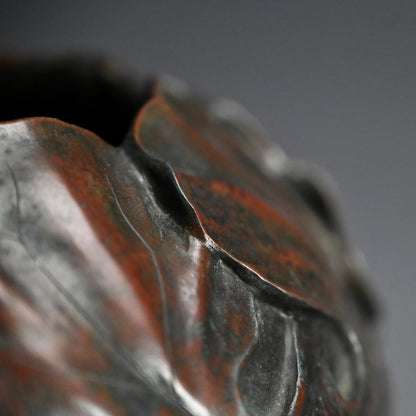 Antique Japanese Broad Leaf Sculpted Bronze Vase