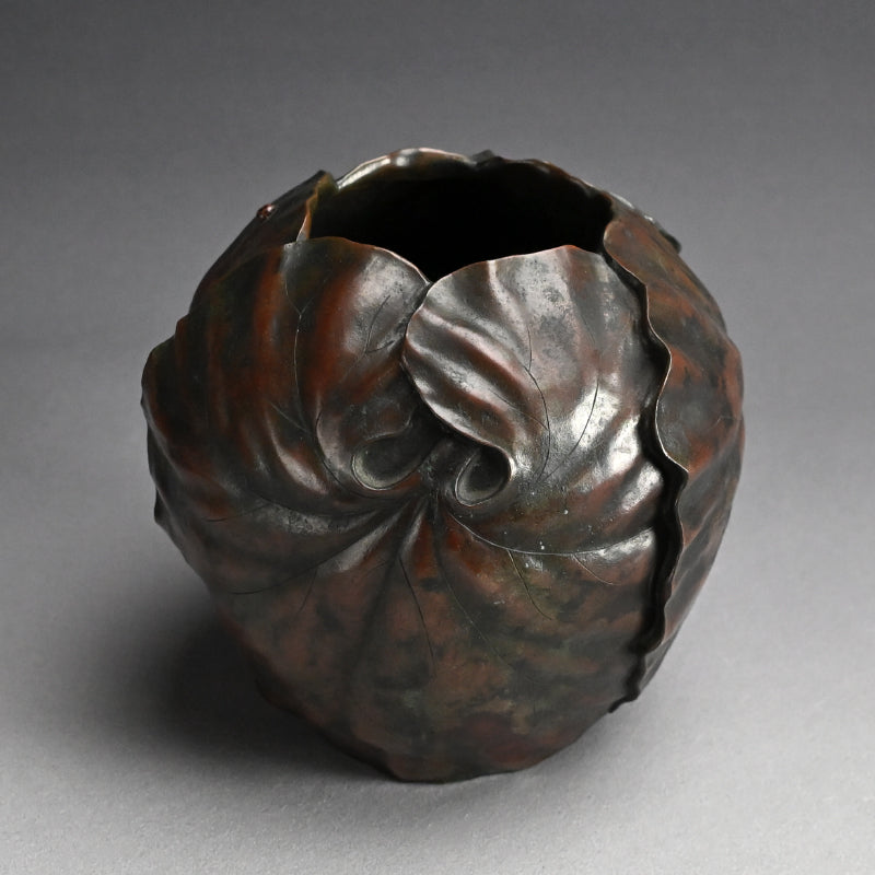 Antique Japanese Broad Leaf Sculpted Bronze Vase