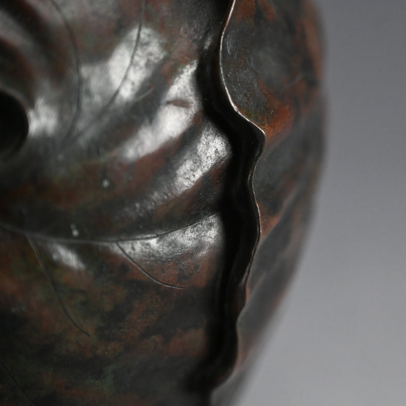 Antique Japanese Broad Leaf Sculpted Bronze Vase