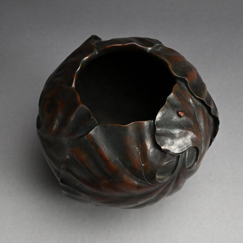 Antique Japanese Broad Leaf Sculpted Bronze Vase