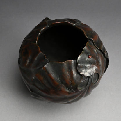 Antique Japanese Broad Leaf Sculpted Bronze Vase