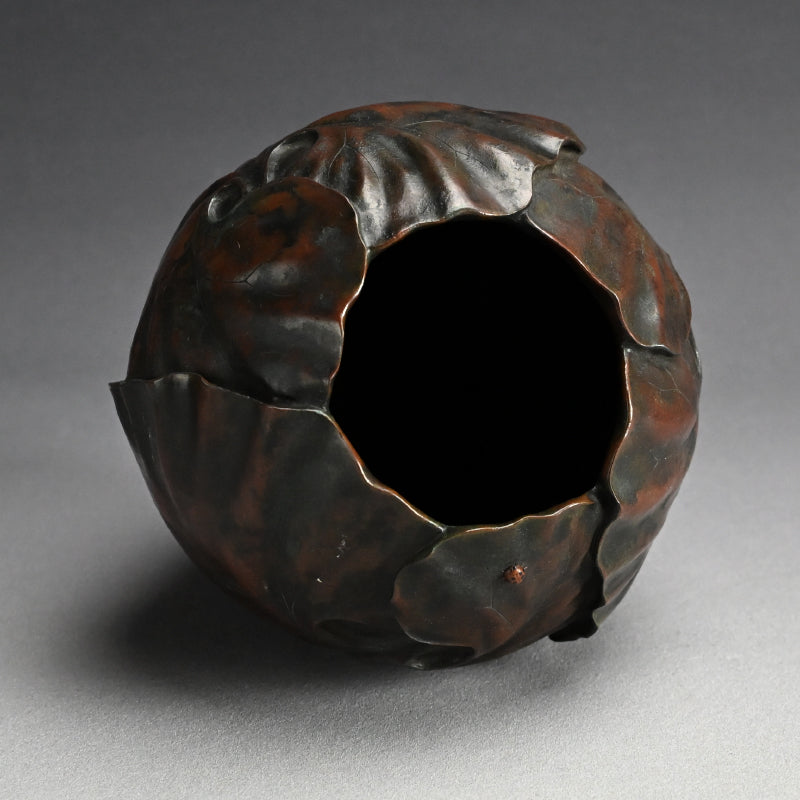 Antique Japanese Broad Leaf Sculpted Bronze Vase