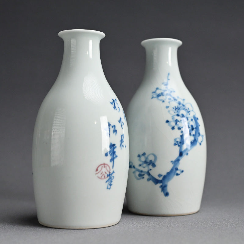 Shonen & Chikusen pair Tokkuri Sake Flasks ー鈴木 松年, 三浦 竹泉 “松年筆 竹泉造 梅画徳利盃”