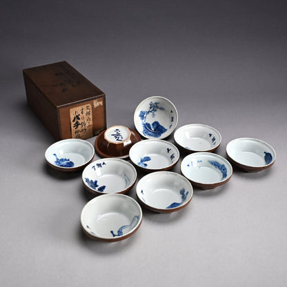 Rare Set 10 Small Plates by Rokubei III & Bunrin ー三代 清水 六兵衛, 塩川 文麟 “すり鉢形 小バチ拾枚”