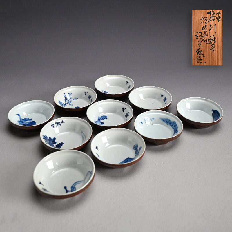 Rare Set 10 Small Plates by Rokubei III & Bunrin ー三代 清水 六兵衛, 塩川 文麟 “すり鉢形 小バチ拾枚”