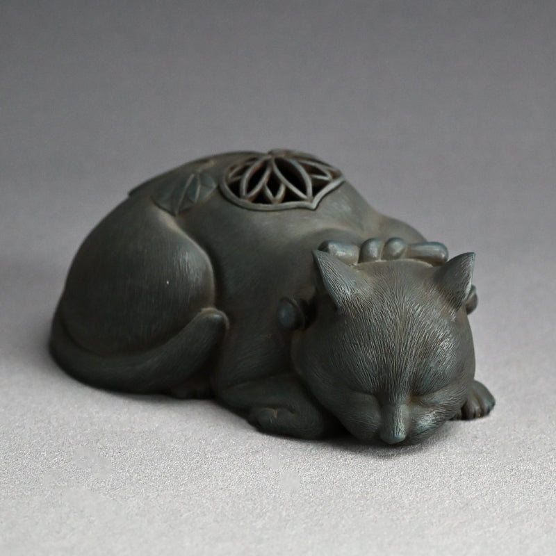 Rare! Antique Japanese Ao-Bizen Cat-shaped Koro