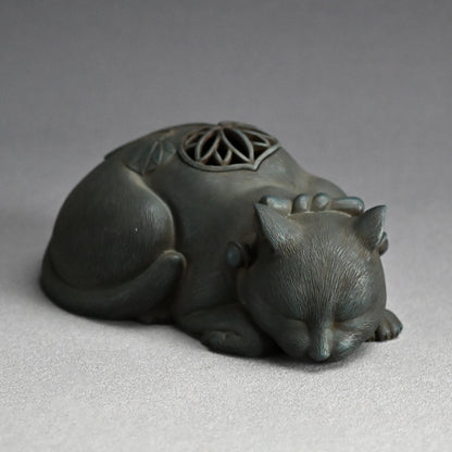 Rare! Antique Japanese Ao-Bizen Cat-shaped Koro