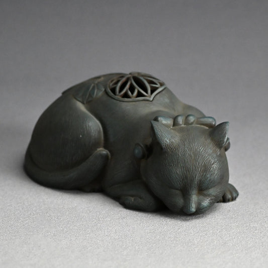 Rare! Antique Japanese Ao-Bizen Cat-shaped Koro