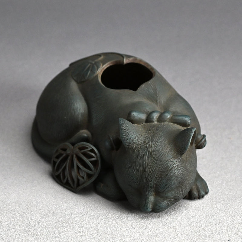 Rare! Antique Japanese Ao-Bizen Cat-shaped Koro