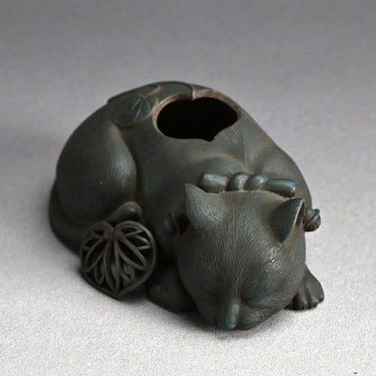 Rare! Antique Japanese Ao-Bizen Cat-shaped Koro