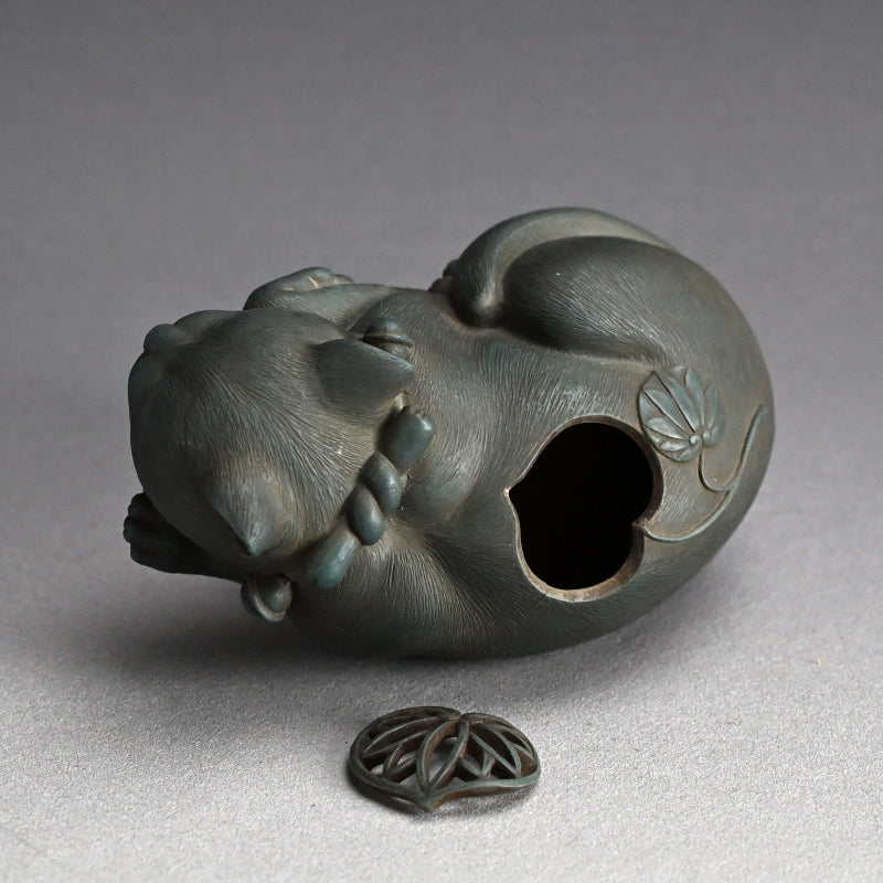 Rare! Antique Japanese Ao-Bizen Cat-shaped Koro