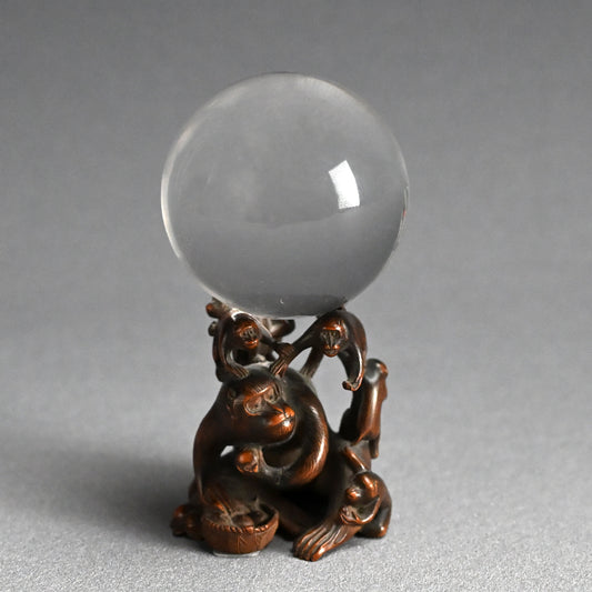 Carved Wooden Monkey Troop Stand for Crystal Ball