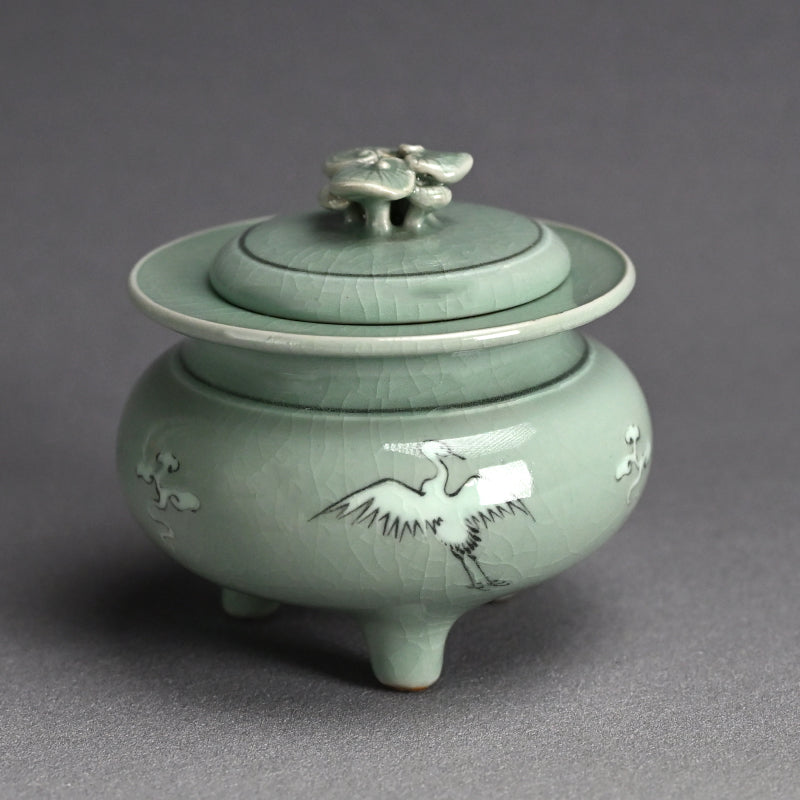 Kozan Unkaku Celaodn Koro Incense Burner ー宮川 (真葛) 香山 "雲鶴 青磁釉 香爐"