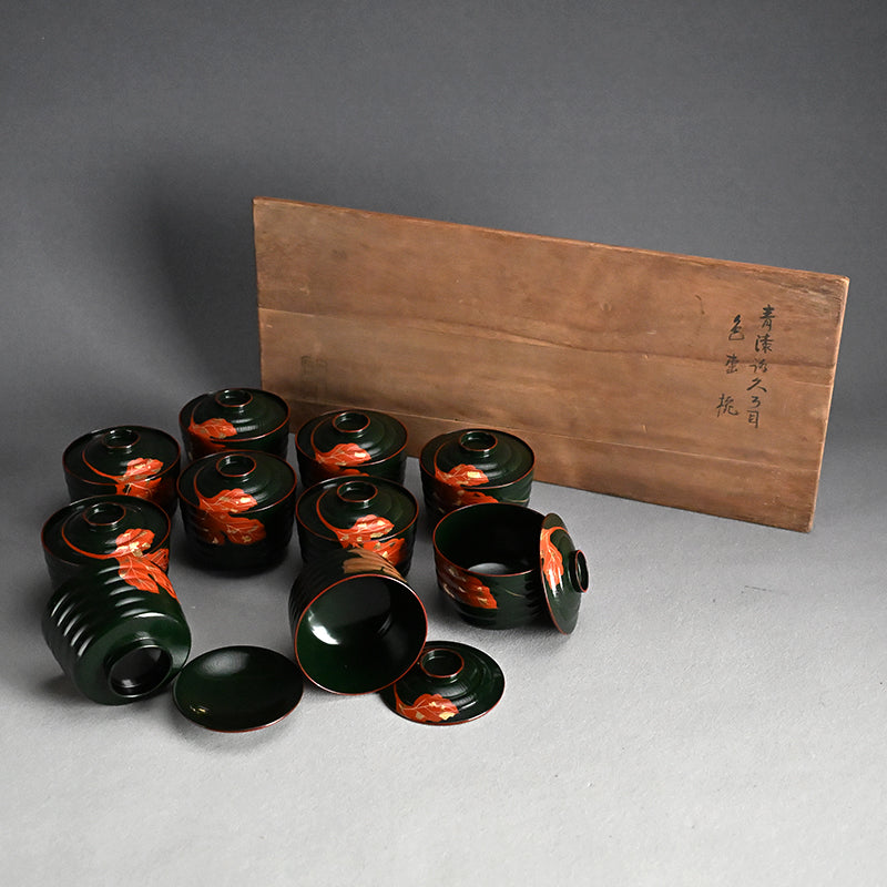 10 pc. Lacquer Bowl Set ー津田 哲斎 “青漆 色画碗”