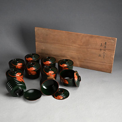 10 pc. Lacquer Bowl Set ー津田 哲斎 “青漆 色画碗”