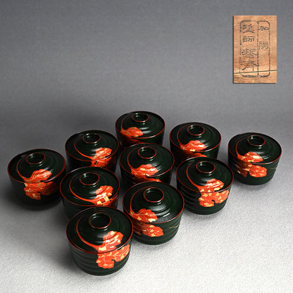 10 pc. Lacquer Bowl Set ー津田 哲斎 “青漆 色画碗”