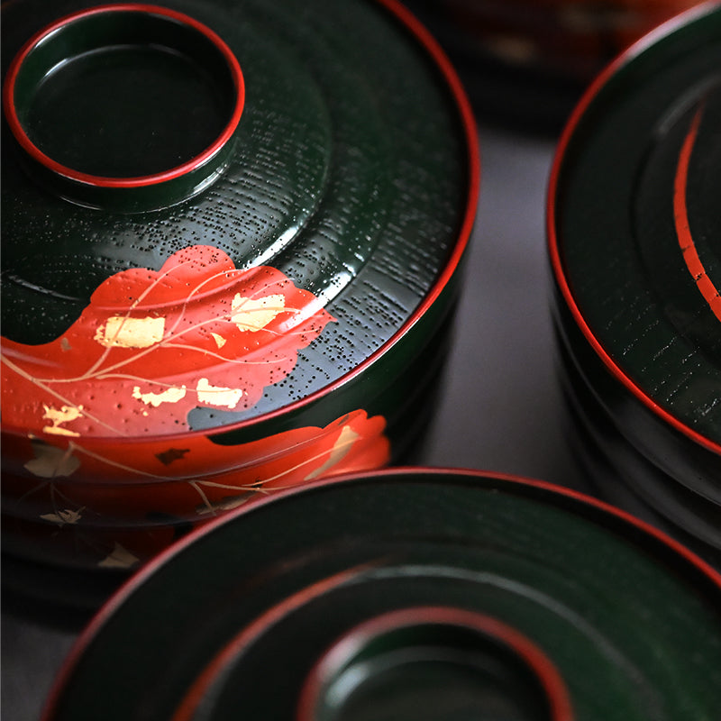 10 pc. Lacquer Bowl Set ー津田 哲斎 “青漆 色画碗”