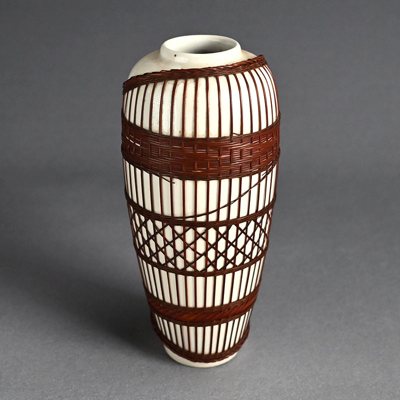 Rare Tankoji Yaki Pottery Vase Bound with Basket Weave