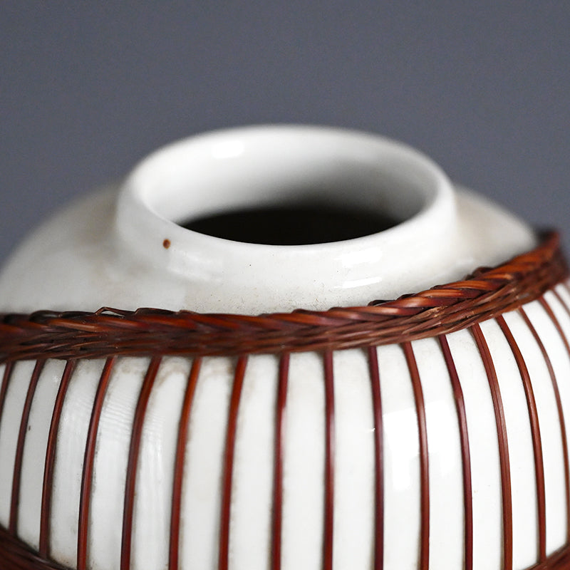 Rare Tankoji Yaki Pottery Vase Bound with Basket Weave
