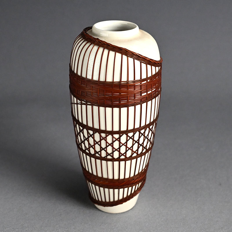 Rare Tankoji Yaki Pottery Vase Bound with Basket Weave