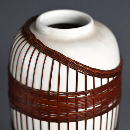 Rare Tankoji Yaki Pottery Vase Bound with Basket Weave
