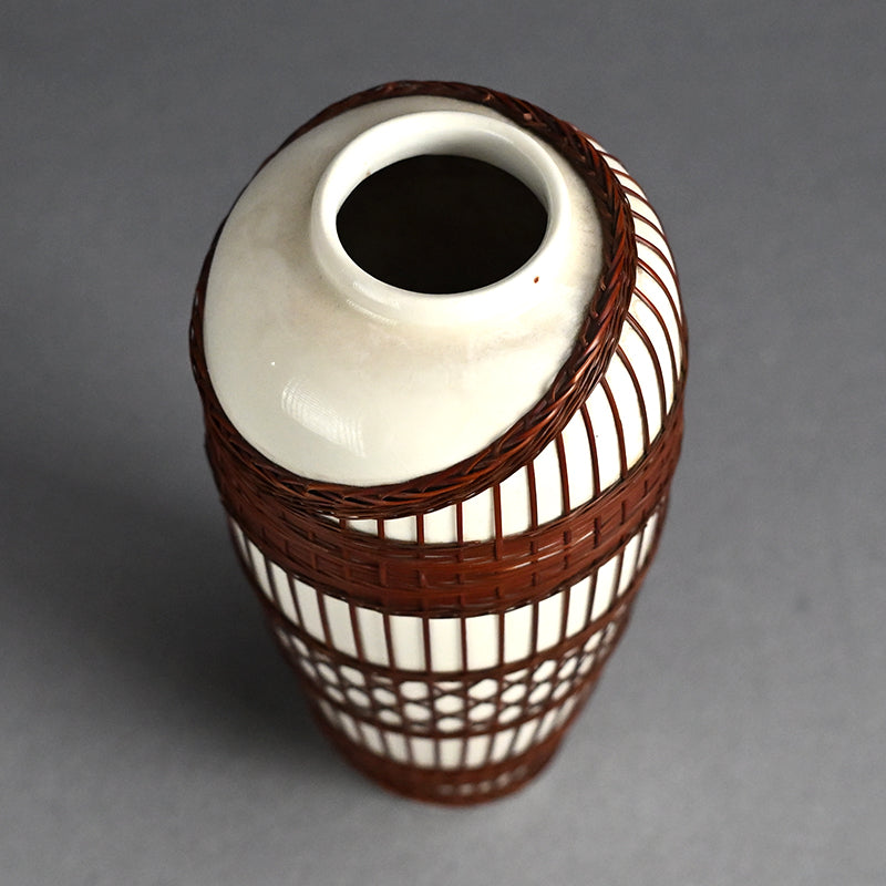 Rare Tankoji Yaki Pottery Vase Bound with Basket Weave