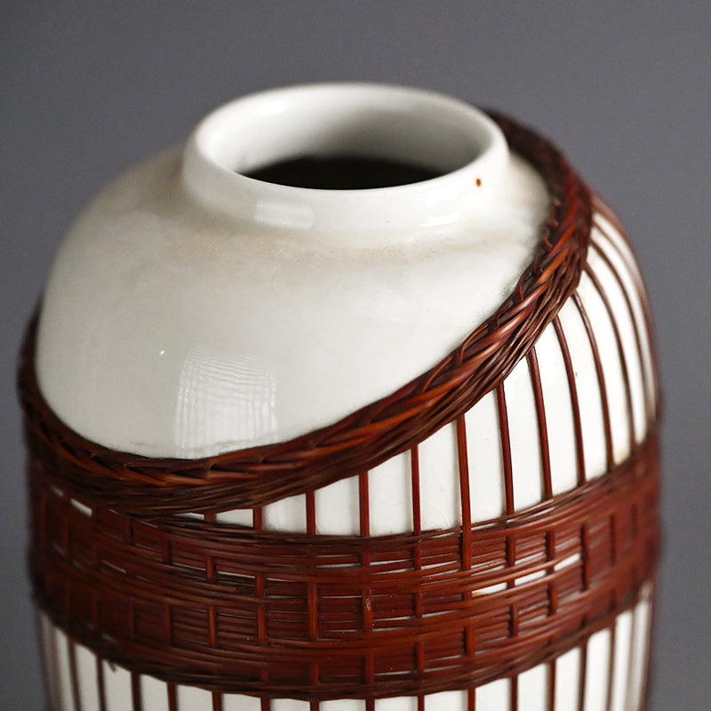 Rare Tankoji Yaki Pottery Vase Bound with Basket Weave