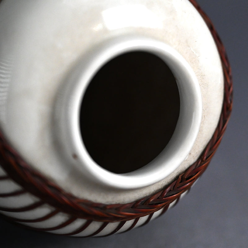 Rare Tankoji Yaki Pottery Vase Bound with Basket Weave