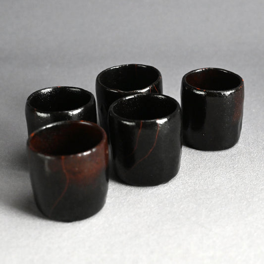 5 pc. Edo p. Kuro-Raku Pottery Sake Cup Set　