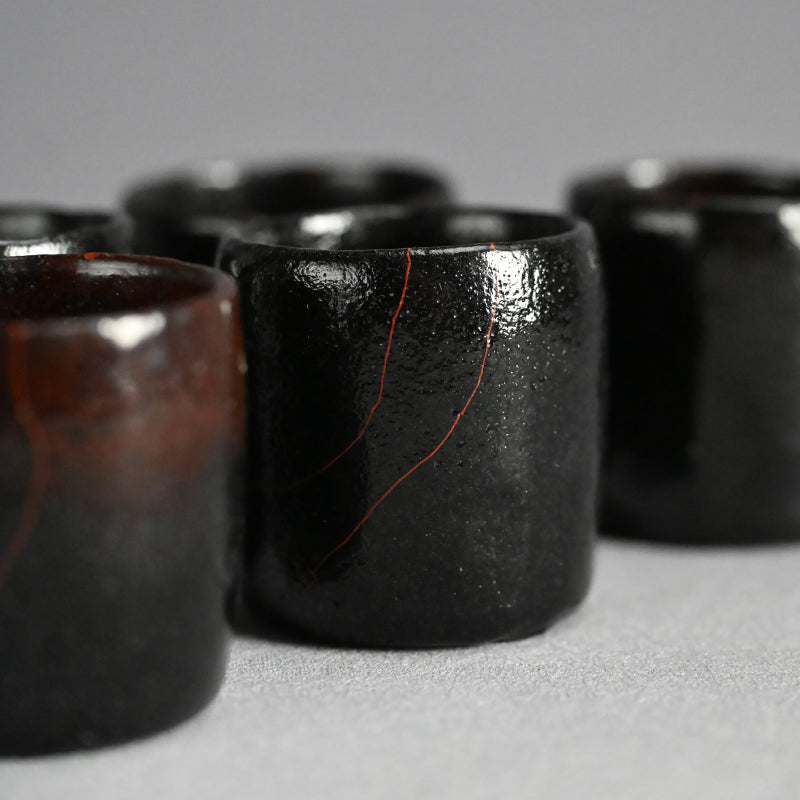 5 pc. Edo p. Kuro-Raku Pottery Sake Cup Set　