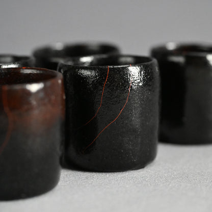 5 pc. Edo p. Kuro-Raku Pottery Sake Cup Set　