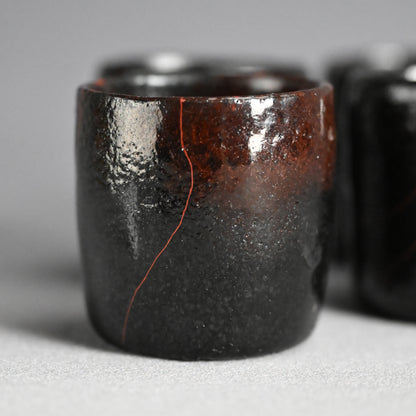 5 pc. Edo p. Kuro-Raku Pottery Sake Cup Set　