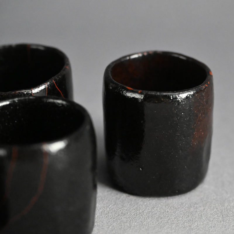 5 pc. Edo p. Kuro-Raku Pottery Sake Cup Set　