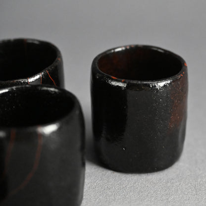 5 pc. Edo p. Kuro-Raku Pottery Sake Cup Set　