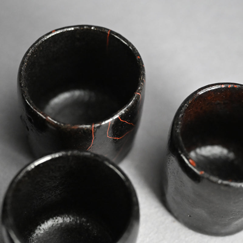 5 pc. Edo p. Kuro-Raku Pottery Sake Cup Set　