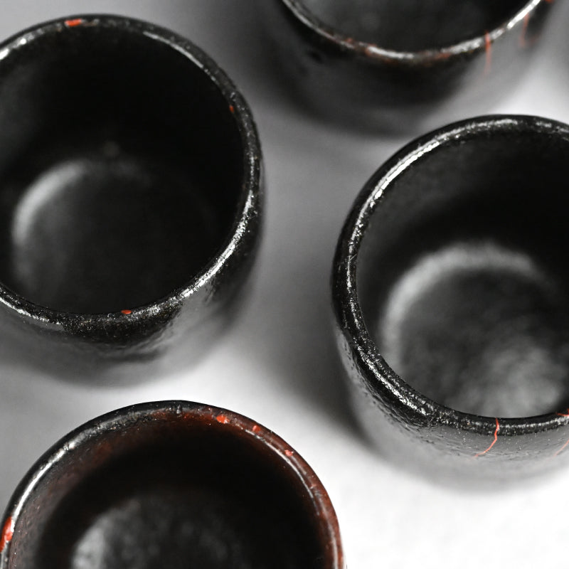 5 pc. Edo p. Kuro-Raku Pottery Sake Cup Set　