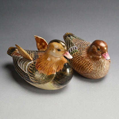 Pair, Ceramic Oshidori Mandarin Duck Koro Incense Burners