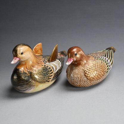 Pair, Ceramic Oshidori Mandarin Duck Koro Incense Burners
