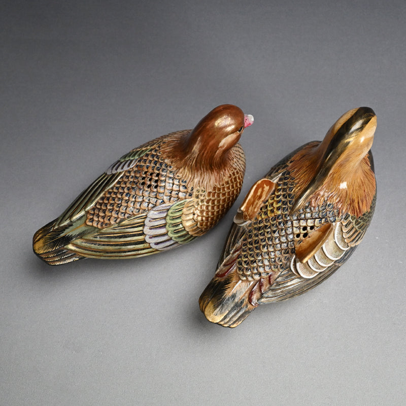 Pair, Ceramic Oshidori Mandarin Duck Koro Incense Burners