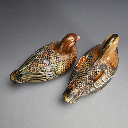 Pair, Ceramic Oshidori Mandarin Duck Koro Incense Burners