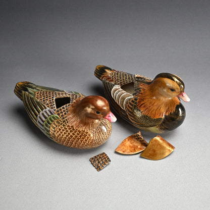 Pair, Ceramic Oshidori Mandarin Duck Koro Incense Burners