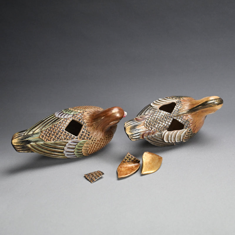 Pair, Ceramic Oshidori Mandarin Duck Koro Incense Burners